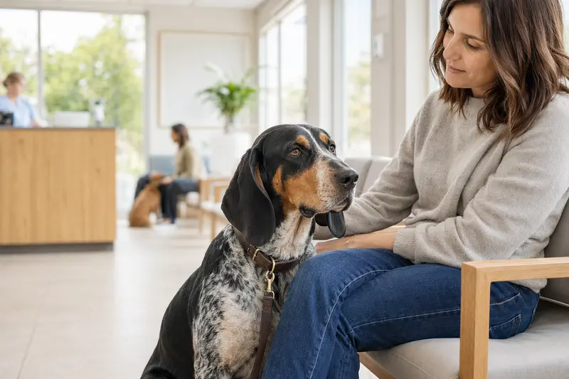 Ein American English Coonhound sitzt entspannt neben seinem Besitzer im hellen Wartezimmer einer modernen Tierarztpraxis.